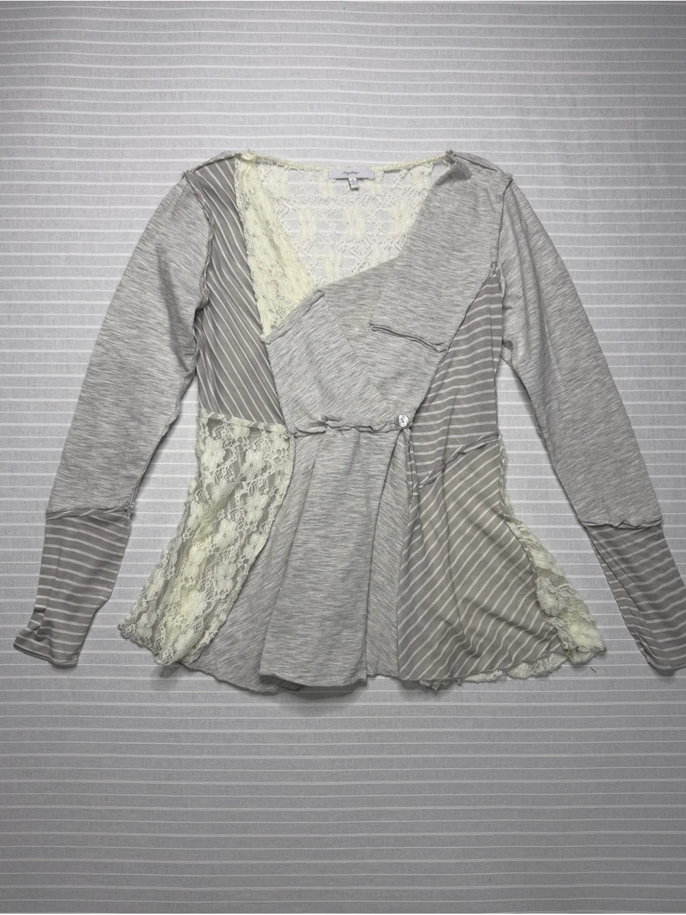🤍 Mystree Patchwork Lace & Stripe Boho Top – Size Small